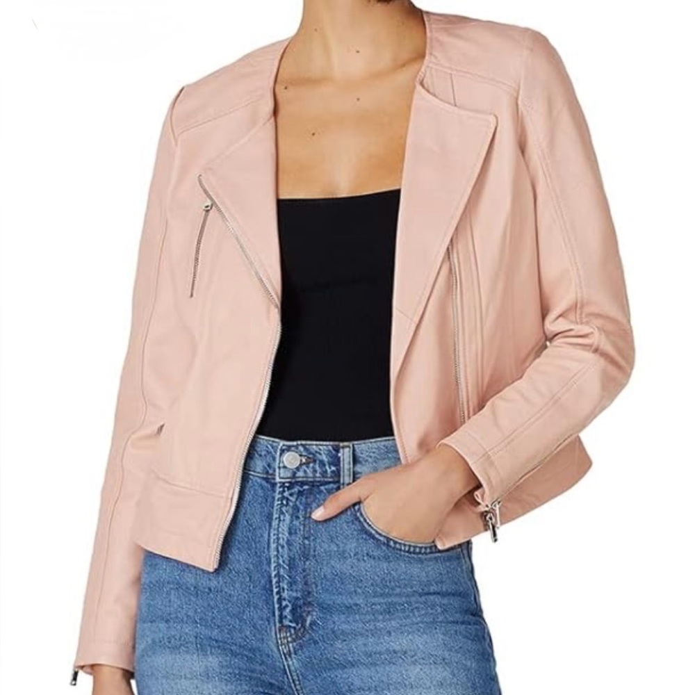 Slate & Willow Collarless Moto Jacket in Pink, Size M